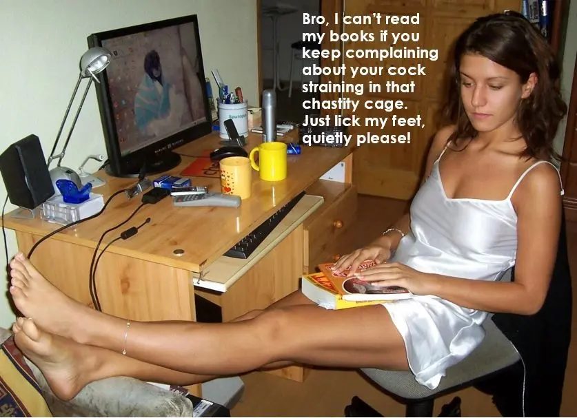 Femdom foot fetish and male chastity captions featuring brunette and redhead women in various outfits