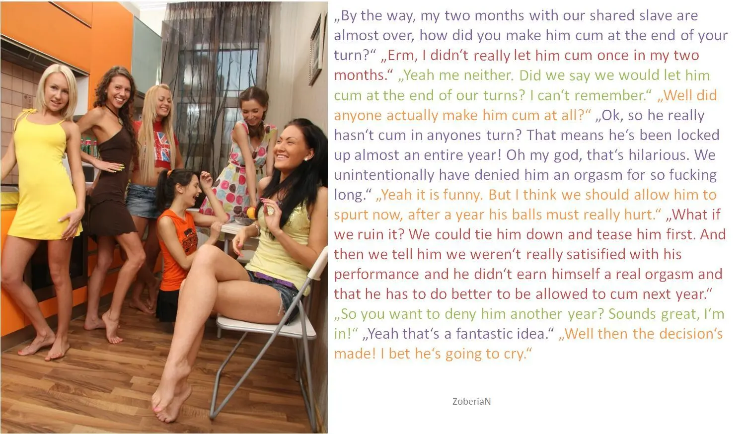 Femdom foot fetish and male chastity captions featuring brunette and redhead women in various outfits