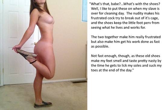 Femdom foot fetish and male chastity captions featuring brunette and redhead women in various outfits
