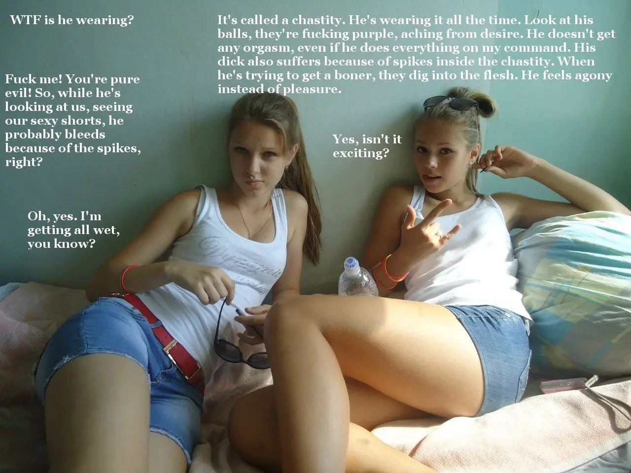 Femdom foot fetish and male chastity captions featuring brunette and redhead women in various outfits