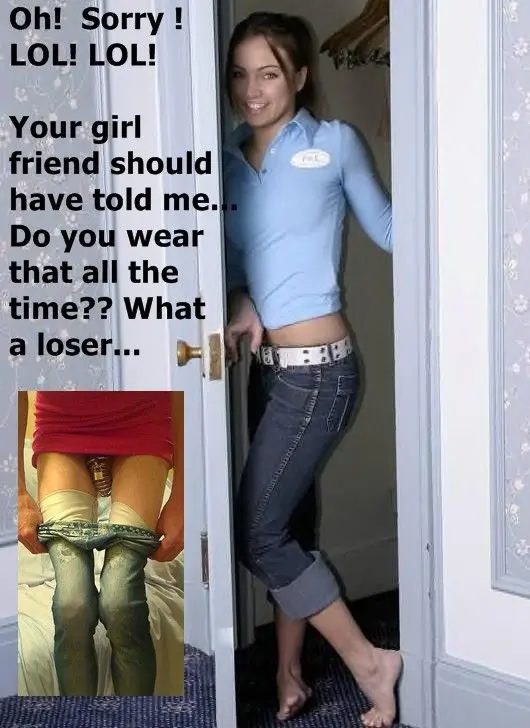 Femdom foot fetish and male chastity captions featuring brunette and redhead women in various outfits