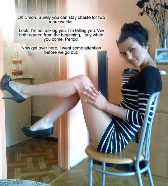 Femdom foot fetish and male chastity captions featuring brunette and redhead women in various outfits