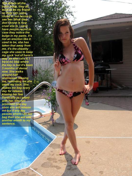 Femdom foot fetish and male chastity captions featuring brunette and redhead women in various outfits