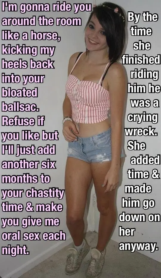Femdom foot fetish and male chastity captions featuring brunette and redhead women in various outfits