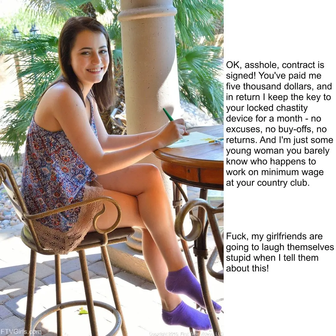 Femdom foot fetish and male chastity captions featuring brunette and redhead women in various outfits