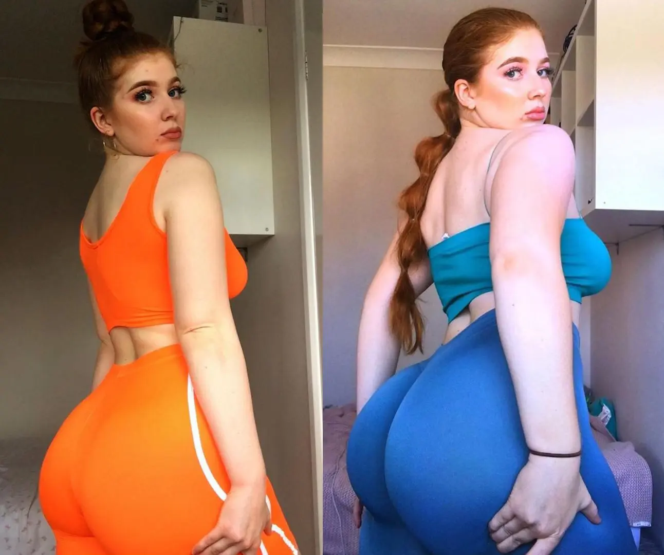 Redhead woman with a thick build showing progressive booty growth in tight orange and blue athletic wear leggings