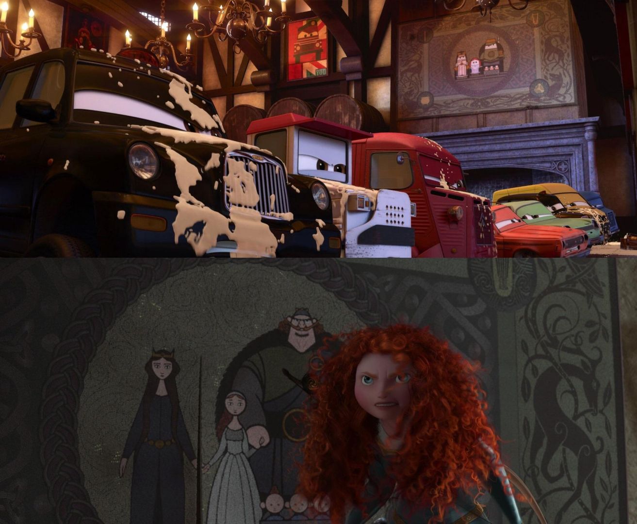 In Cars 2 (2011) while in a pub in London there is a tapestry on the wall that is the DunBroch family tapestry from Brave (2012), except they are portrayed as cars.