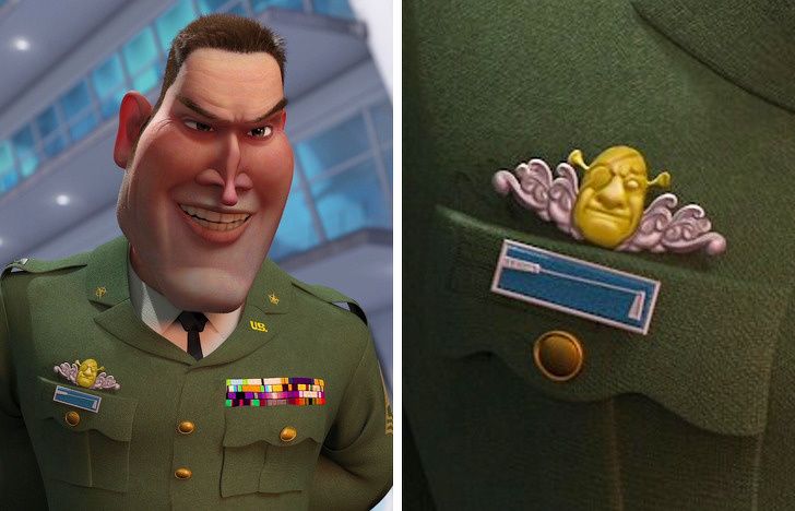 In the animated movie Monsters vs. Aliens (2009), General W.R. Monger’s insignia has Shrek’s face on it.