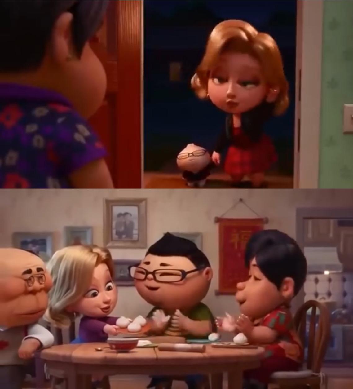 In the Pixar short film “Bao” (2018), the white woman is first seen dressed a bit immodestly and with heavy makeup, but later is seen dressed modestly and with little makeup. This is meant to juxtapose who the mother saw her as initially vs who she actually was.
