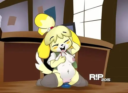 Isabelle from Animal Crossing as a curvy blonde dog girl furry experiencing belly expansion in an office setting.