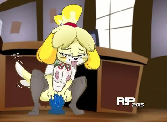 Isabelle from Animal Crossing as a curvy blonde dog girl furry experiencing belly expansion in an office setting.