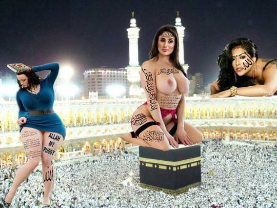 BlasphemyPorn featuring white and mixed women with Arabic calligraphy body writing over Masjid al-Haram in Mecca
