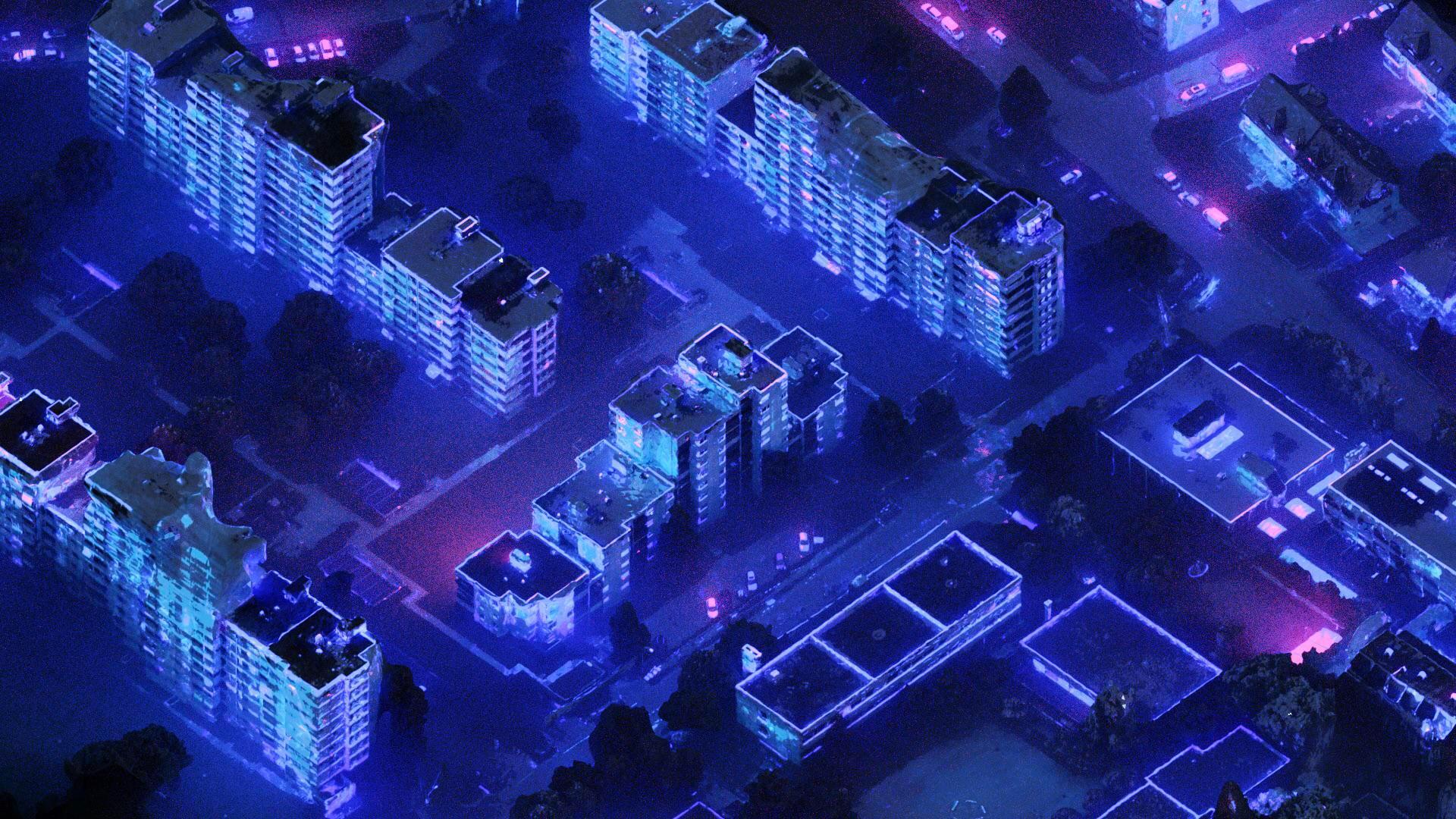 Isometric image of my neighborhood, lights, materials and fog in blender