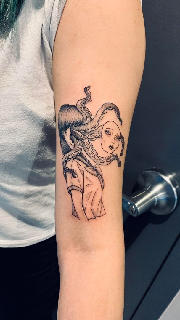 Junji Ito x Lovecraft inspired tattoo by Nikki Power from Laughing Buddha in Seattle