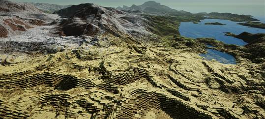 Just got it so that terrain is generated with a compute shader. Now, biomes can have much more complex terrain, and can use information like derivatives and occlusion to inform tile placement.