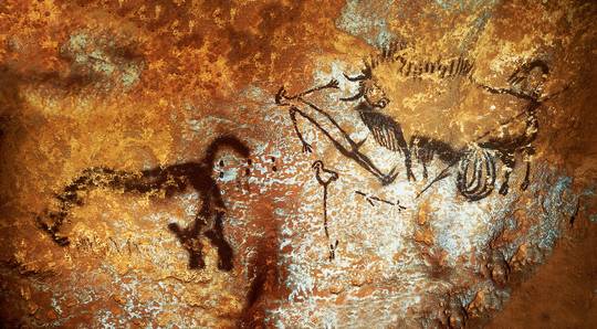 Lascaux cave painting depicts a hunter getting tackled by a bison