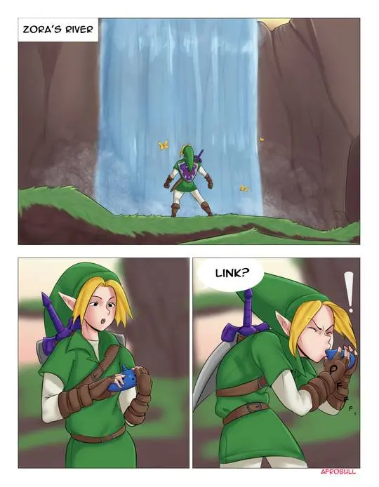 Link and Ruto engaging in oral and vaginal sex at Zora's River in a Zelda doujinshi by Afrobull.
