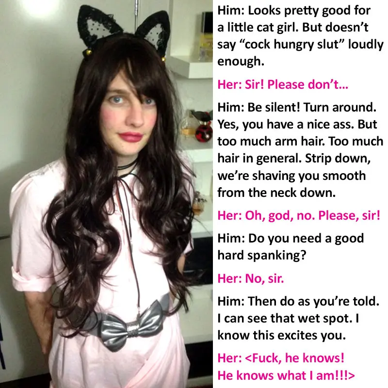 Asian sissy and woman in pink lingerie with a muscular white man, featuring cuckold and feminization captions