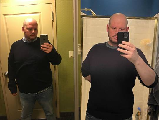 M/35/6’1” [293 > 243 = 50lbs] (5 months) I have two exact sweaters of different sizes. The one I'm wearing on the left is a size bigger than the one on the right and the smaller one is also too big for me. I literally have to pull on it to show you the difference in weight loss.