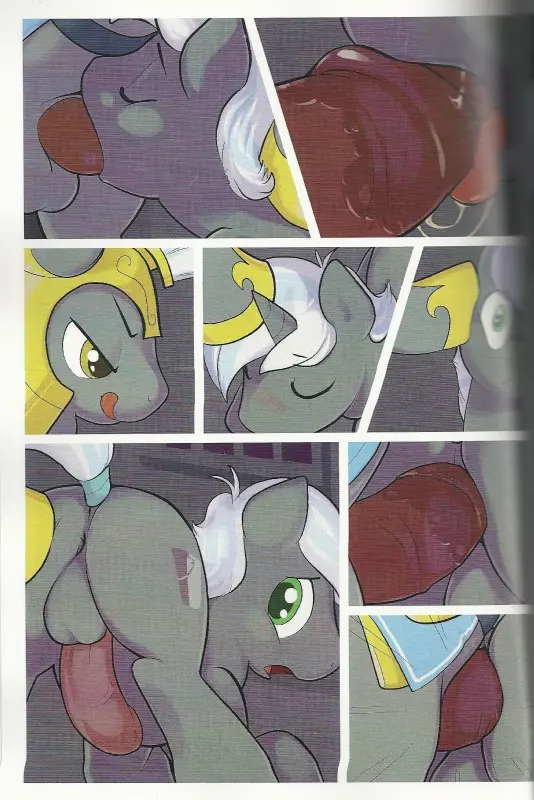 Clop yiff comic featuring two anthro ponies in yellow armor and grey skin engaging in anal sex.
