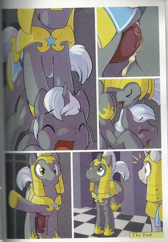 Clop yiff comic featuring two anthro ponies in yellow armor and grey skin engaging in anal sex.