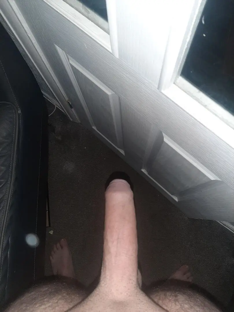 POV pelfie of a white man with a massive uncut cock and hairy thighs