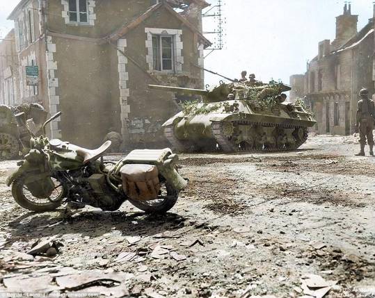 M10 and Harley Davidson in Normandy, colorized.
