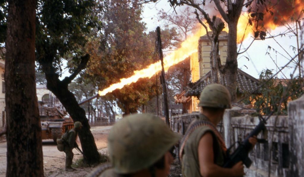 M67 Flamethrower tank with US Marines clearing out a Vietcong ...