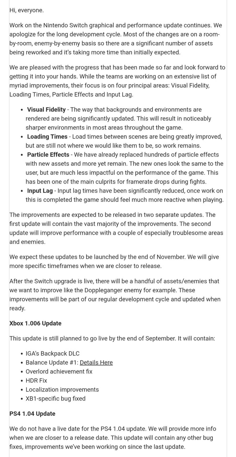 Major Switch patch arriving at the end of November