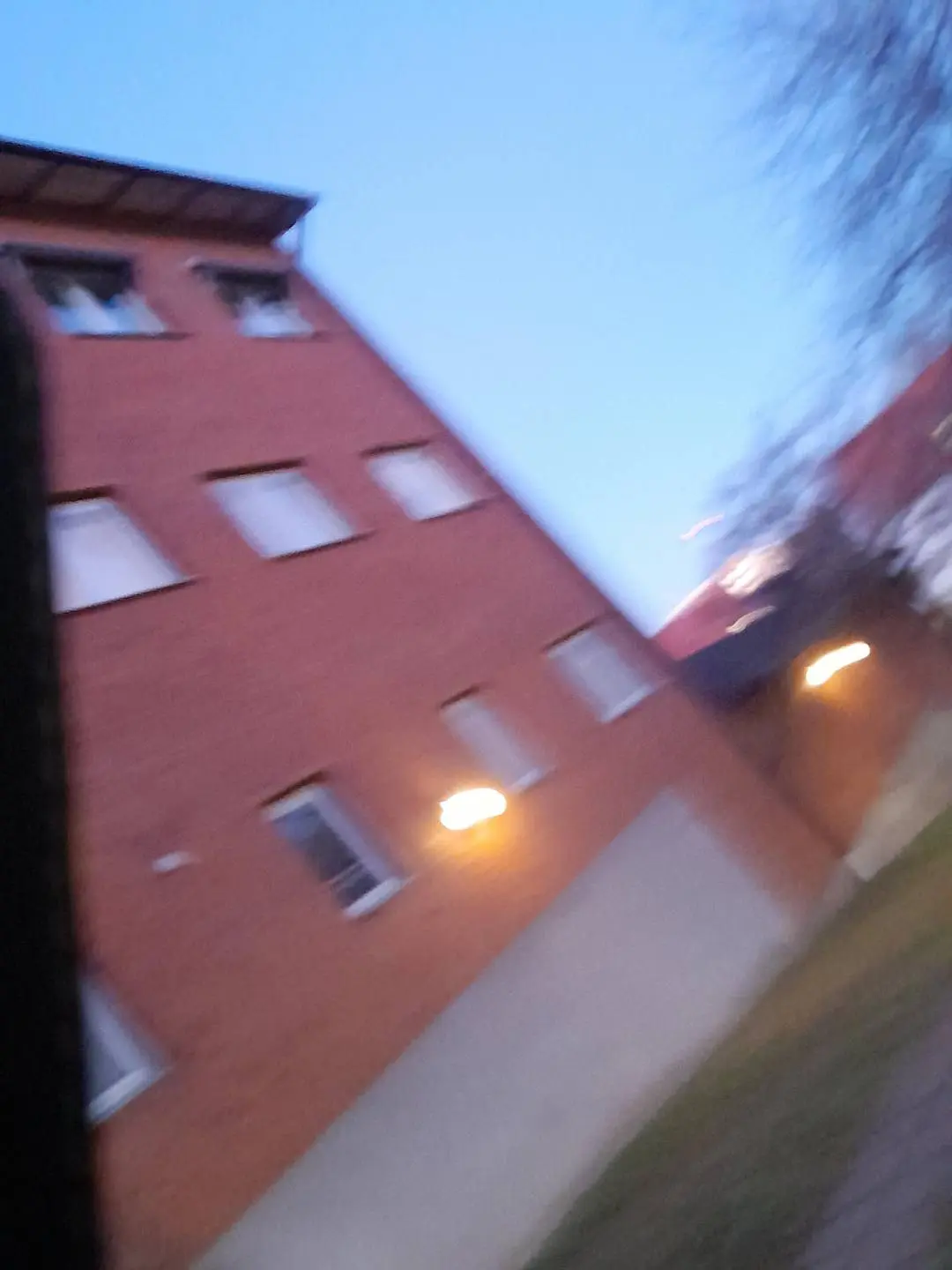 Cursed image of a blurry, tilted red brick building and tree under a dusk sky.