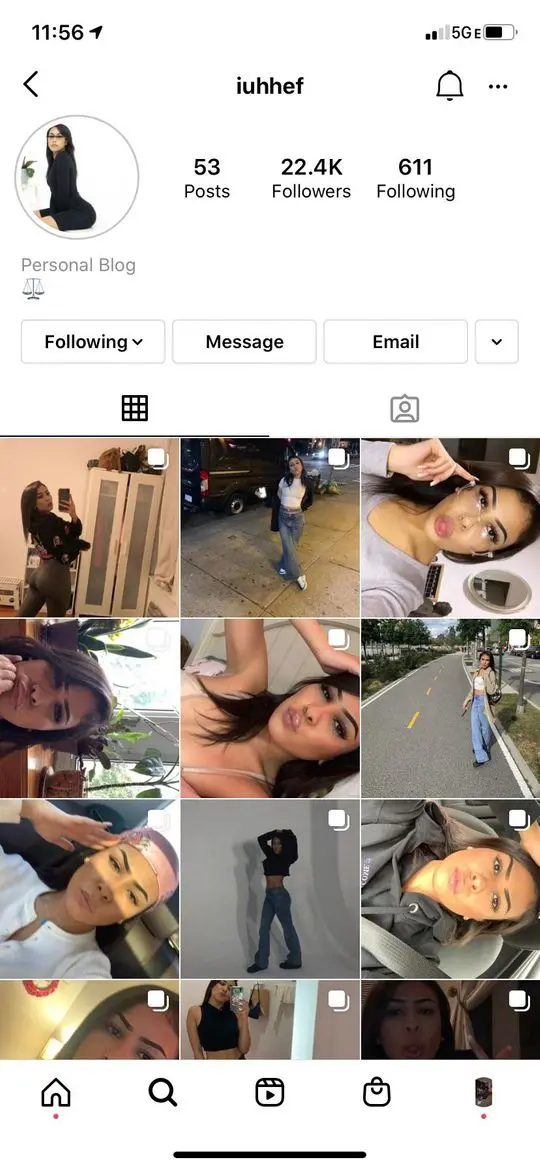 Instagram profile of iuhhef featuring a woman in a black dress, halter top, and cropped top
