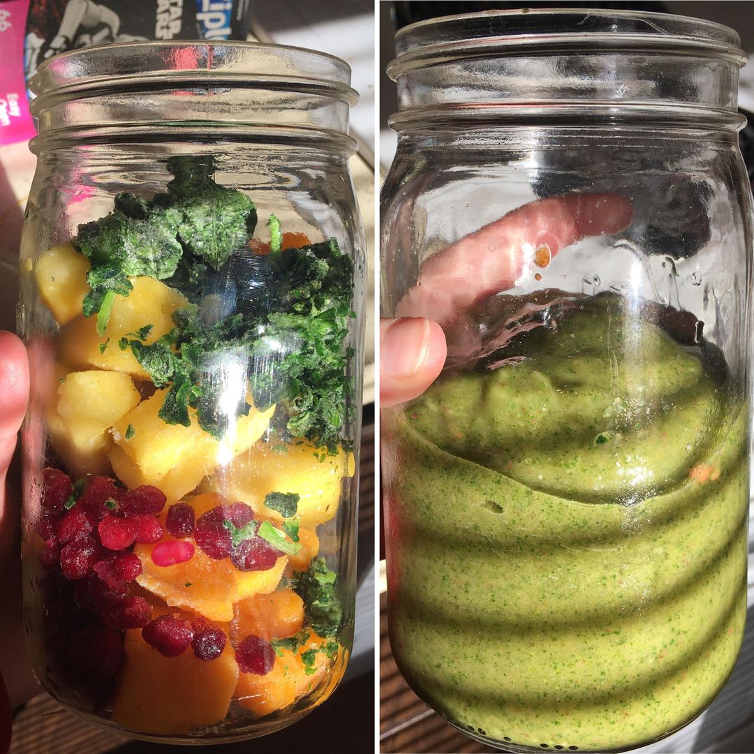 Mango, pineapple, pomegranate, spinach, juice concentrate, and a caffeine pill