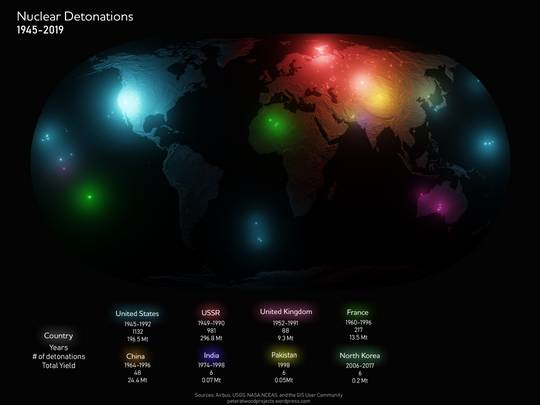 Map of all nuclear detonations from 1945-2019