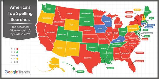Map of America's top spelling searches for 2019.