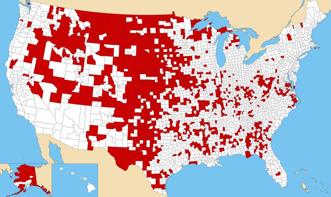Map of US counties less populous than BU's undergrad