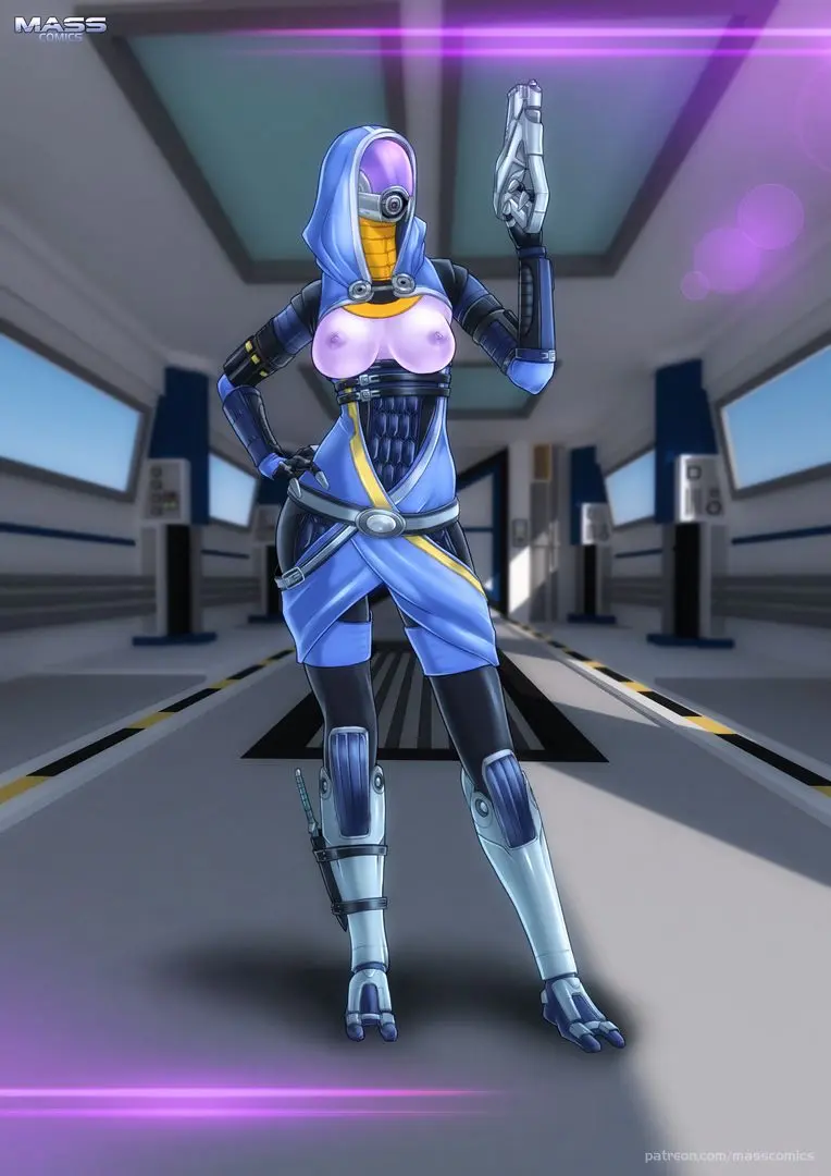 Mass Effect NSFW digital art featuring busty redheads, blondes, and blue-skinned women in bikinis and nude poses