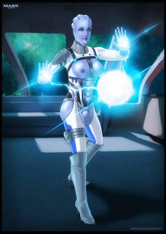 Mass Effect NSFW digital art featuring busty redheads, blondes, and blue-skinned women in bikinis and nude poses