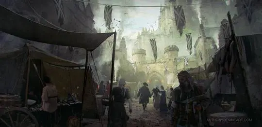 Medieval market concept art by Anthony Devine featuring people in tunics and cloaks near a stone castle with banners