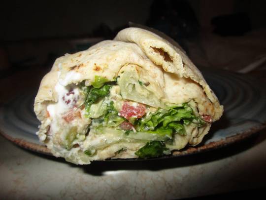 Mediterranean Wrap (roasted red pepper, zucchini, tomatoes, cucumbers, bean medley, feta, hummus, tabbouleh, and tzatziki)