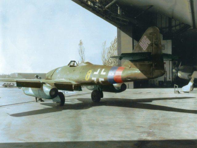 Messerschmitt Me-262A-1a “Yellow 8”, 3. staffel Jagdgeschwader 7 captured at Stendal Airfield by the US 5th Armored Division, April 15 1945. (Photo source – US Army Signals Corps).