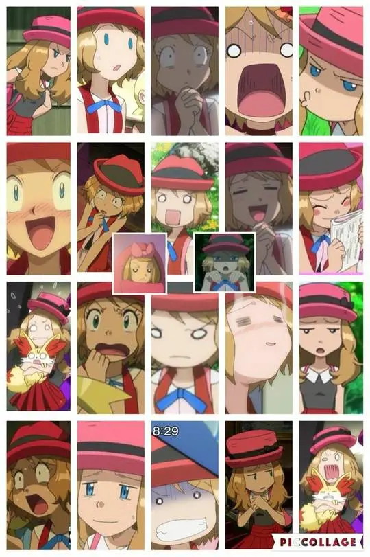 Sonia from Pokemon with various funny and cursed expressions, wearing a red hat and red outfit with a small yellow creature