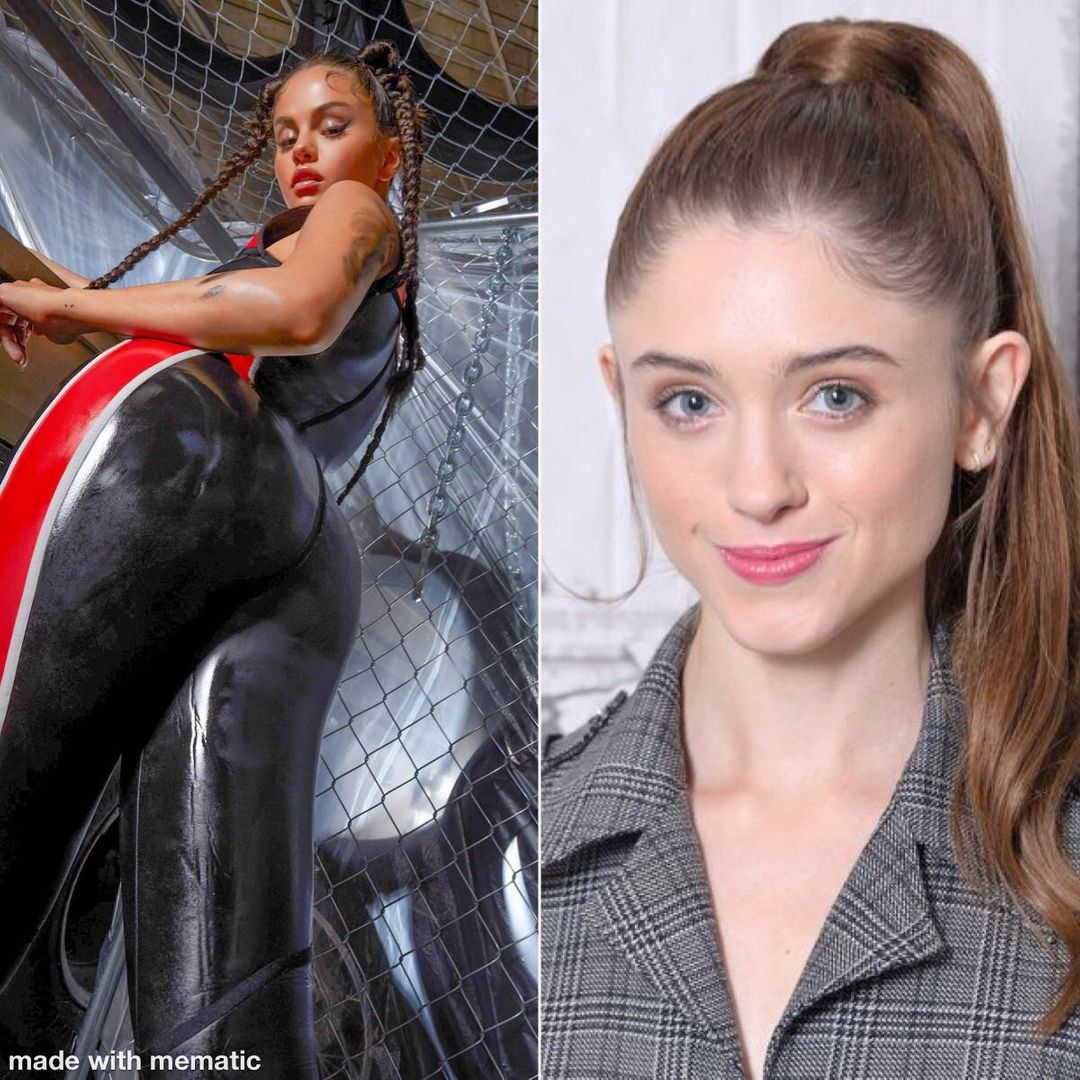 Mistress Selena Gomez comes over in latex holding a strapon, or have Natalia Dyer on a leash