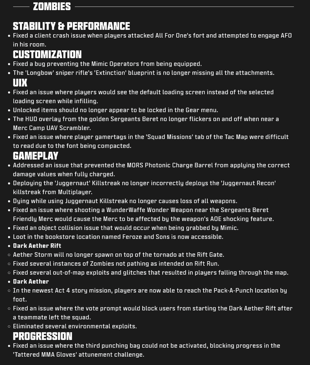 Modern Warfare III Zombies | Season 4 Patch Note | Scrolller