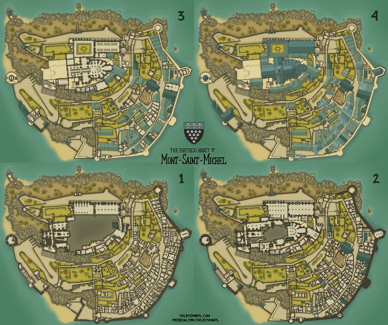 Mont-Saint-Michel, the great French fortress abbey, drawn directly from floor plans where possible. One of the biggest maps I've ever made. There are useful things in the comments.