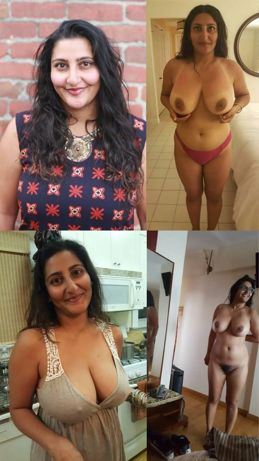 Busty NRI MILF and desi bhabhi posing topless and naked in various home settings.