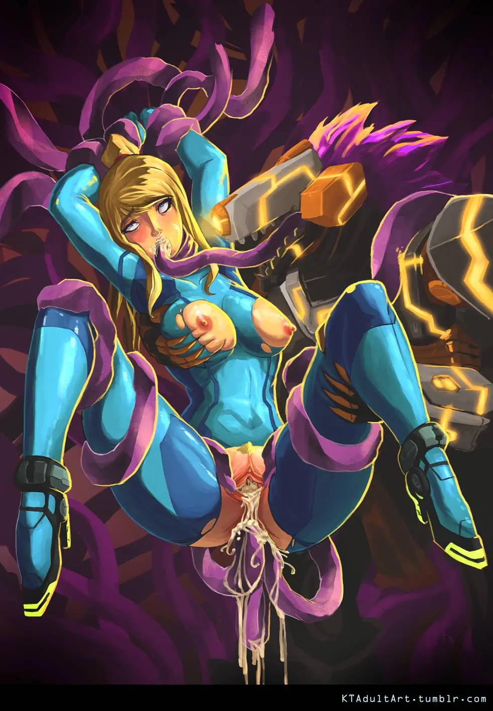 Samus Aran from Metroid in anime fan art, featuring her blonde ponytail, Zero Suit, and nude poses.