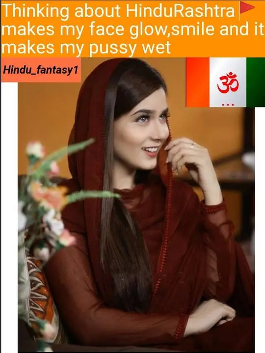 A hijabi desi girl in a red headscarf and matching outfit in a meme about Hindurashtra