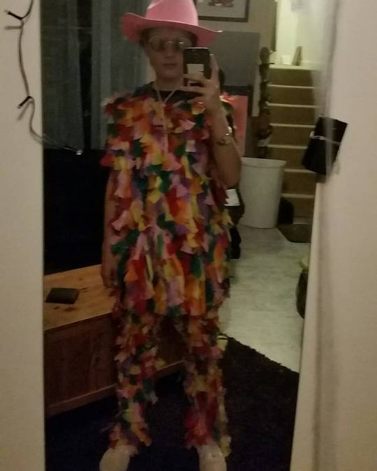My Elton John feather suit. Took me 12 hours to glue all those feathers. Worth it.