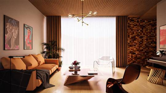 My first time using 3D software to create a space. Color palette is inspired by sunsets. What do you think and how can I improve?