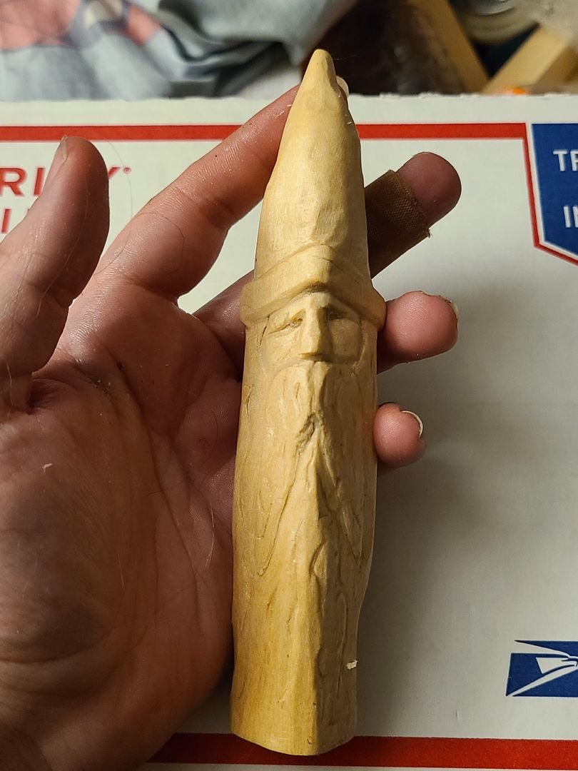 My first wizard, and it only cost me a small chunk of finger. Basswood, finished with beeswax.
